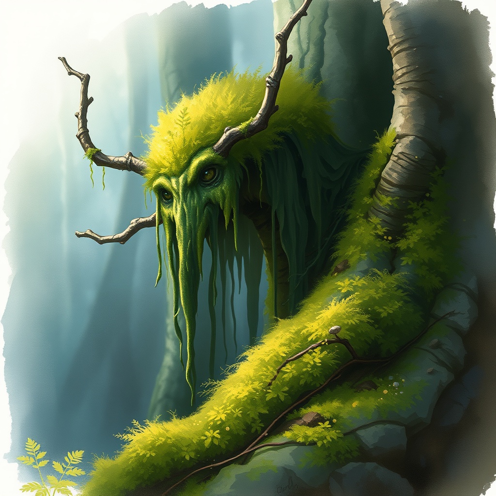 a moss-covered forest spirit, watercolor illustration, soft edges, dramatic rim lighting, highly det...