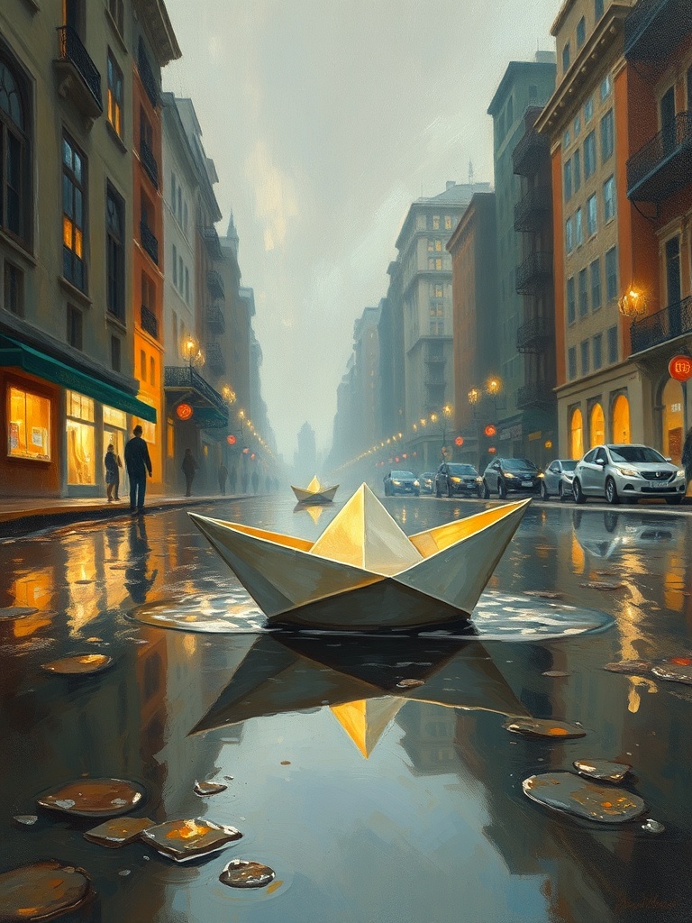 a paper boat sailing through city puddles, oil painting, impressionist brushwork, warm candlelight,...