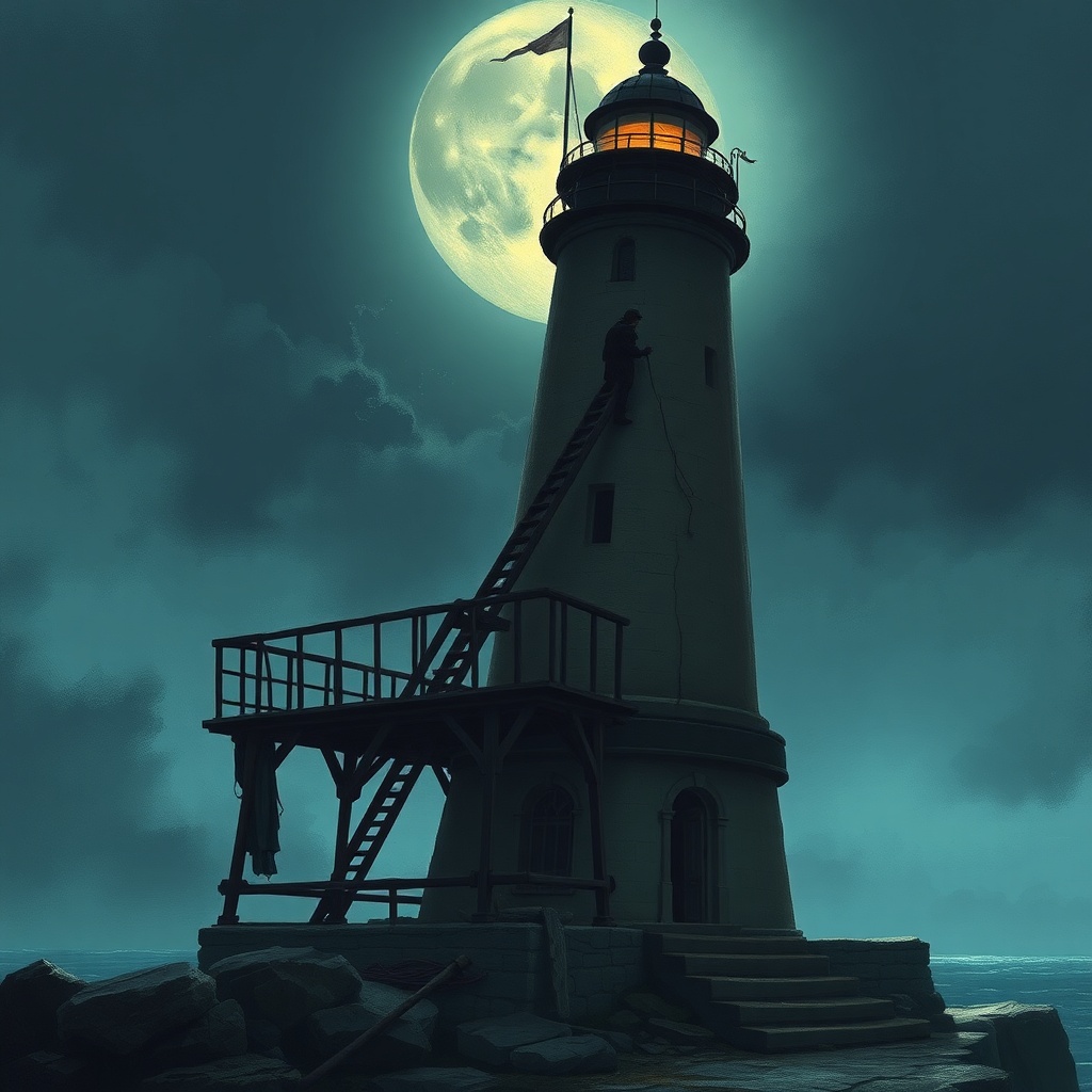 a lone lighthouse keeper, dark fantasy concept art, detailed, cool moonlight, highly detailed