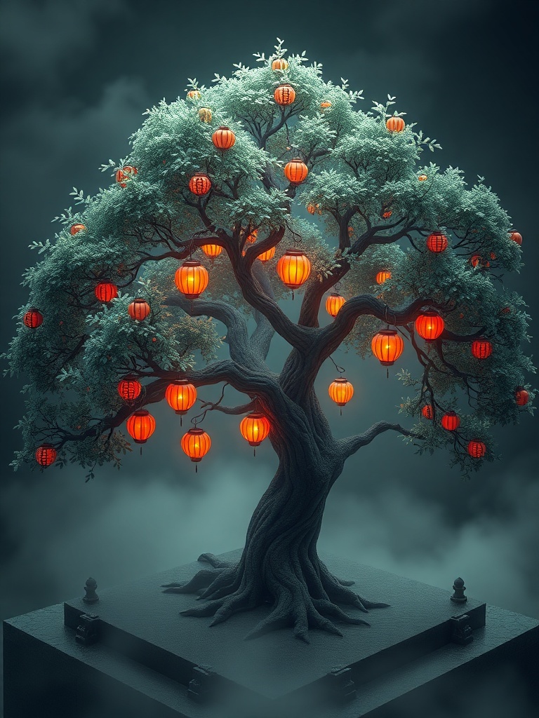 an ancient tree with lantern fruit, isometric diorama, blender render, moody volumetric fog, highly...