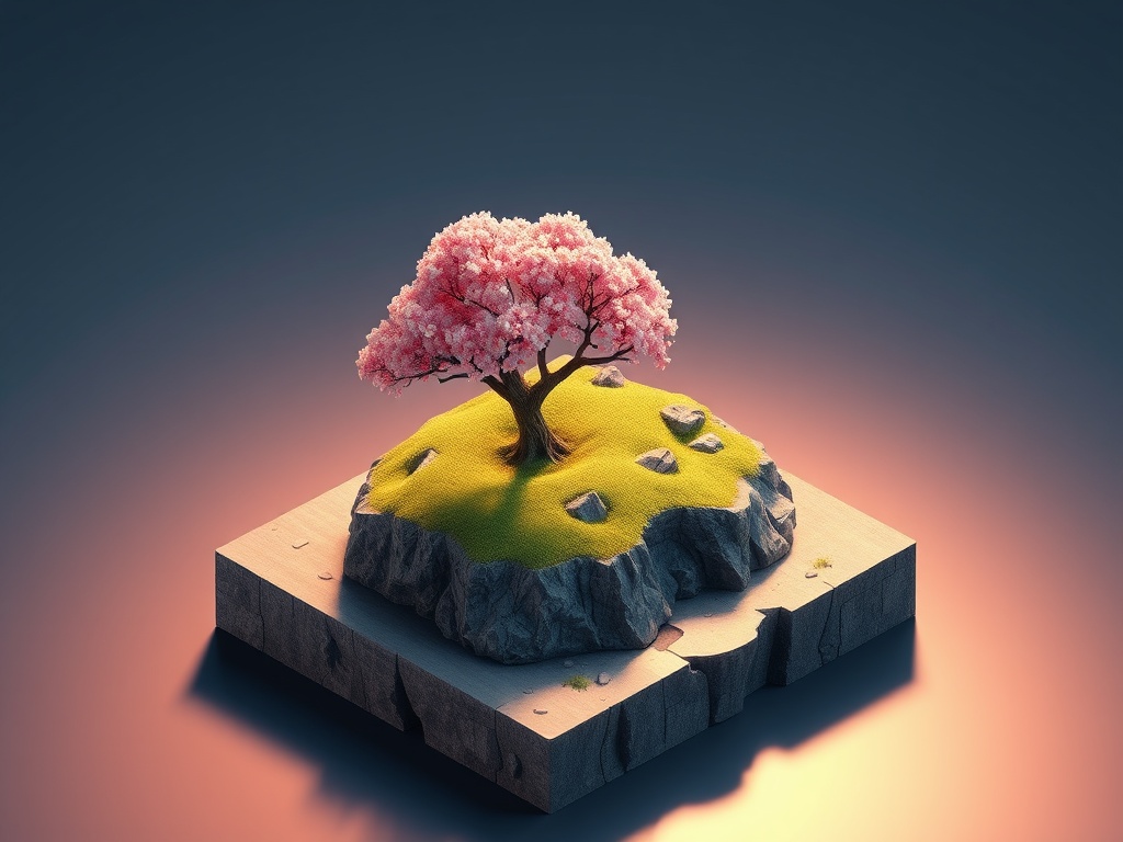 a tiny island with a single cherry tree, isometric diorama, blender render, dramatic rim lighting, h...