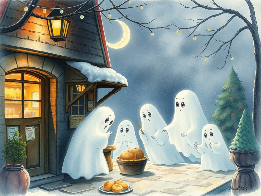 a midnight bakery for ghosts, watercolor illustration, soft edges, soft morning mist, highly detaile...