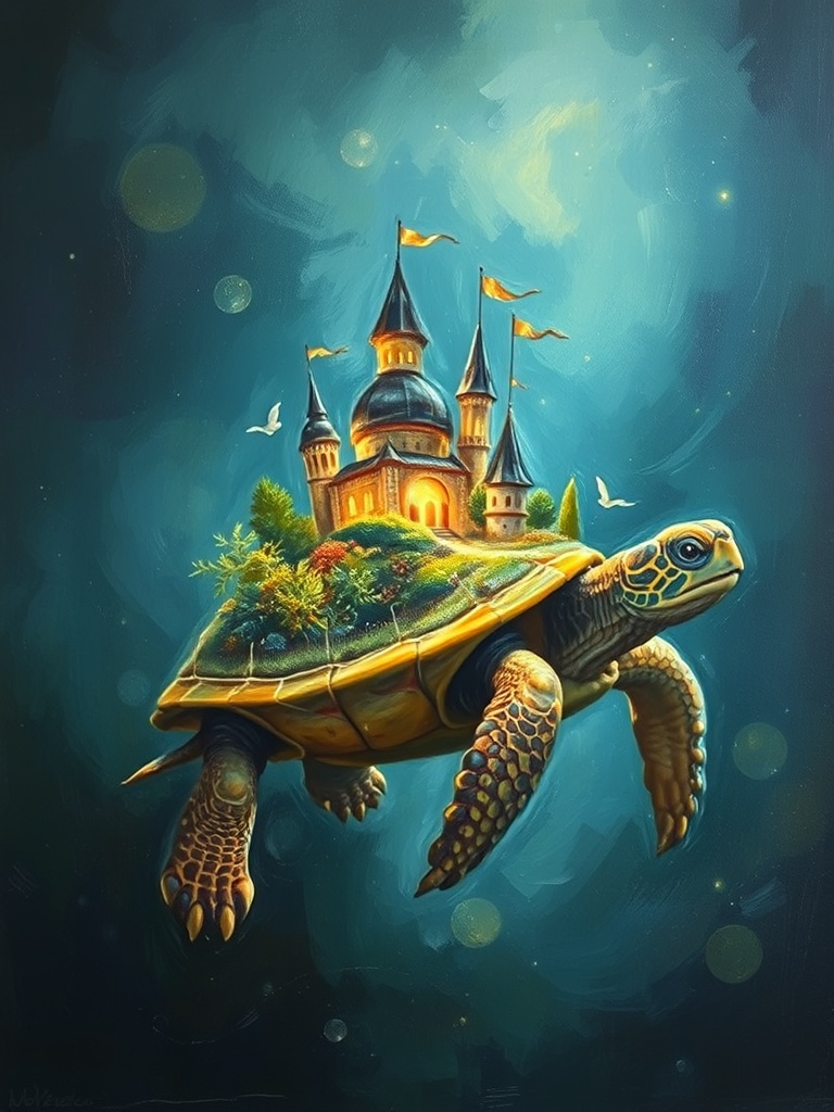 a turtle carrying a miniature kingdom, oil painting, impressionist brushwork, bioluminescent glow, h...