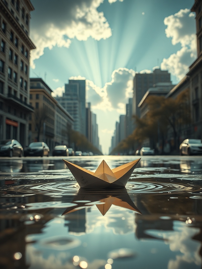 a paper boat sailing through city puddles, cinematic photography, 35mm film grain, god rays through...