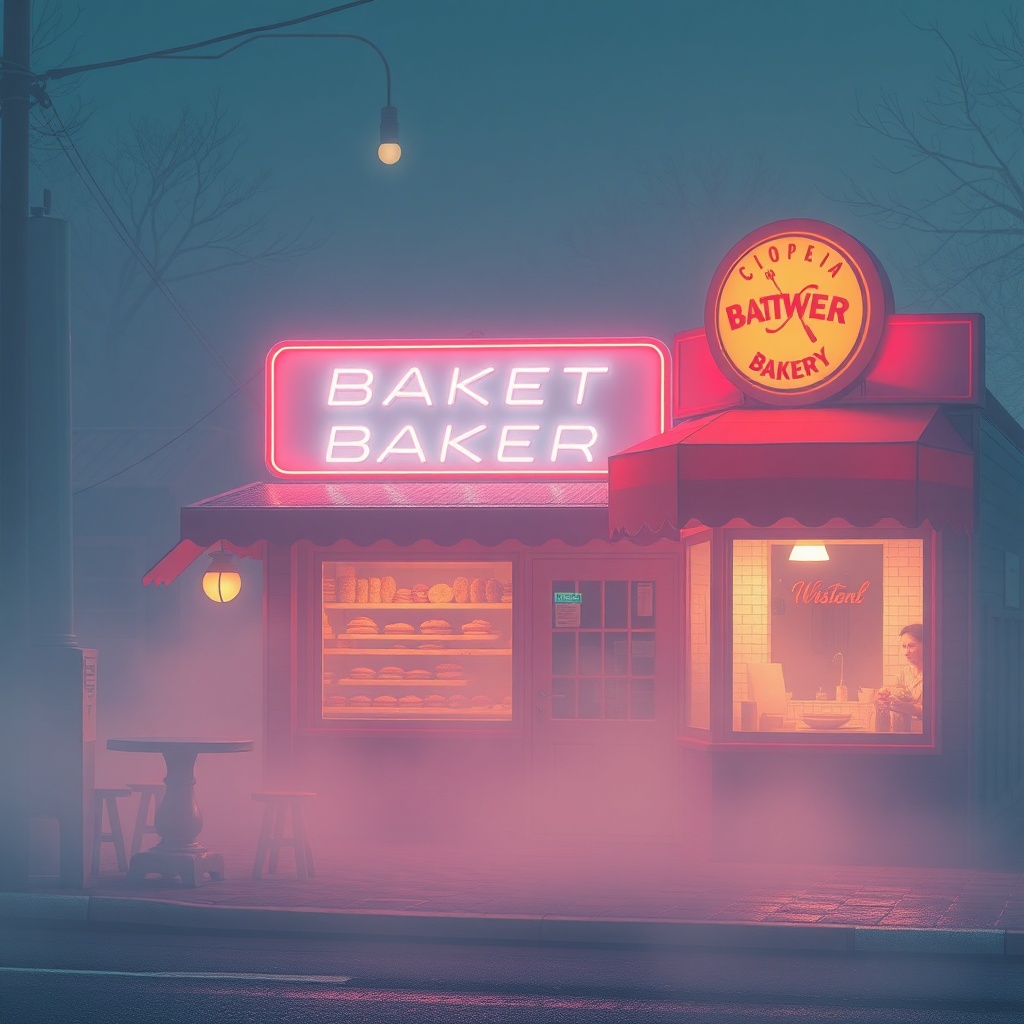 a midnight bakery for ghosts, vaporwave aesthetic, retro futurism, soft morning mist, highly detaile...