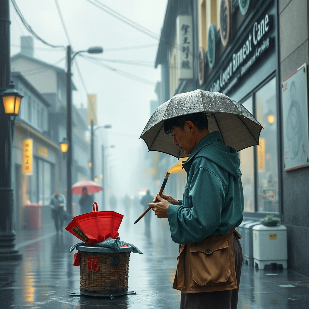 a street calligrapher in the rain, studio ghibli inspired, hand painted, soft morning mist, highly d...