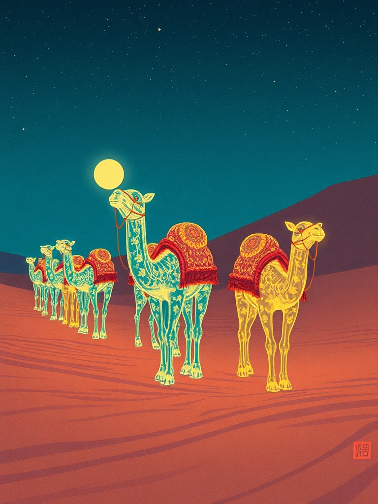 a desert caravan of glass camels, ukiyo-e woodblock style, flat colors, bioluminescent glow, highly...