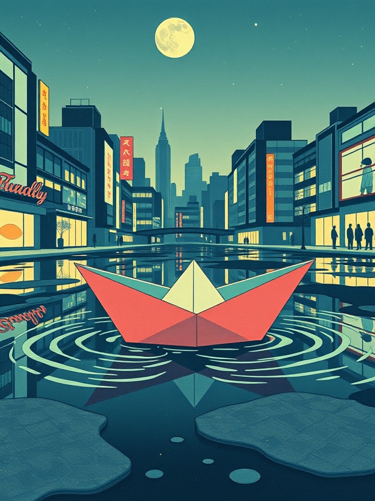 a paper boat sailing through city puddles, ukiyo-e woodblock style, flat colors, bioluminescent glow...