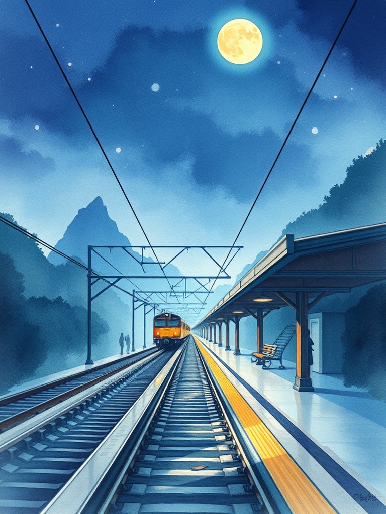 a train station between worlds, watercolor illustration, soft edges, cool moonlight, highly detailed