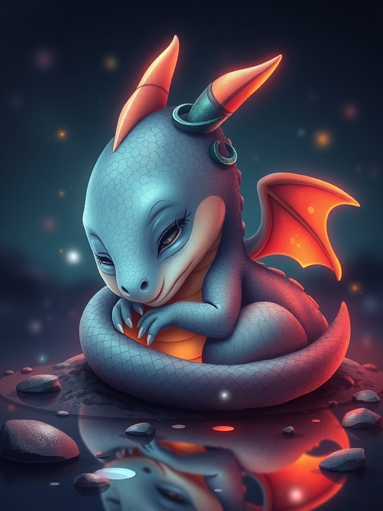 a sleepy dragon hatchling, children book illustration, warm and gentle, neon reflections, highly det...