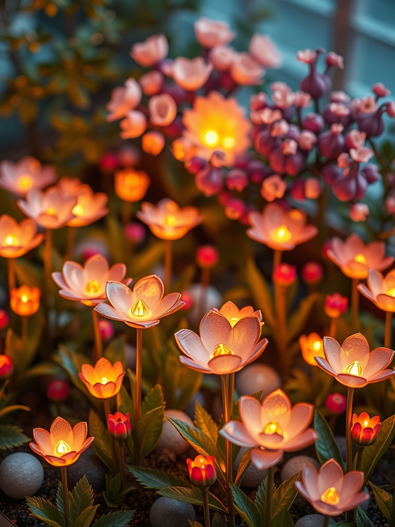 a garden of glowing glass flowers, isometric diorama, blender render, warm candlelight, highly detai...