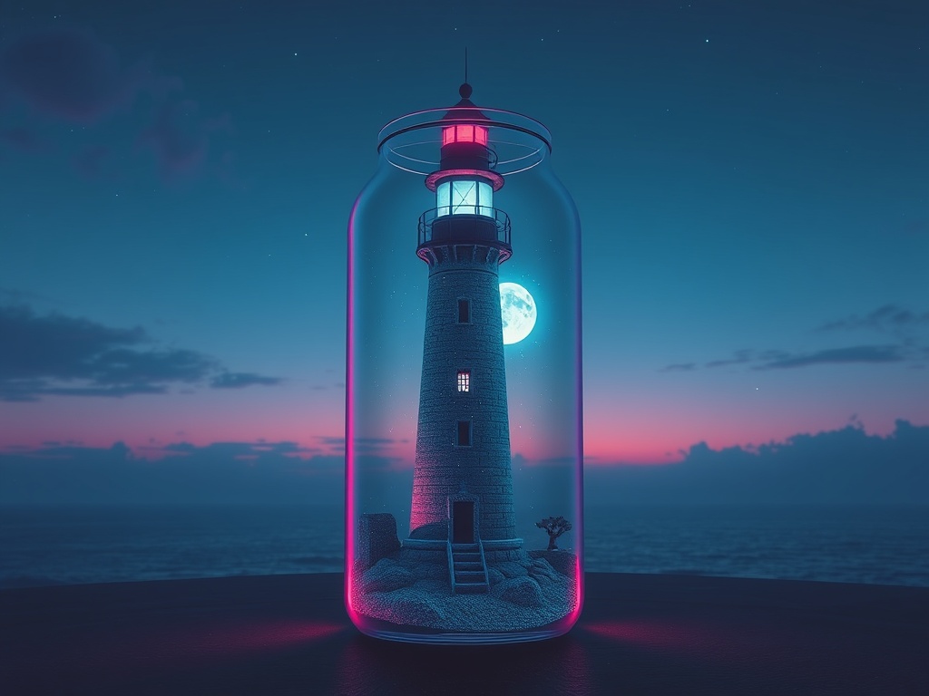 a lighthouse inside a bottle, vaporwave aesthetic, retro futurism, cool moonlight, highly detailed