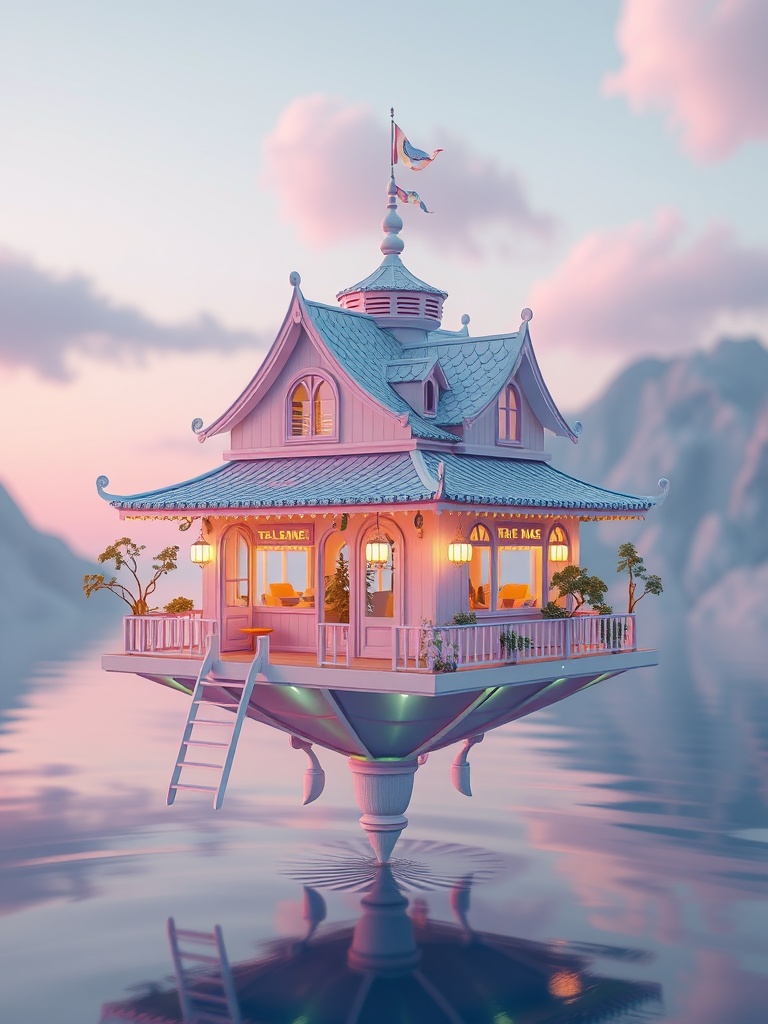 a floating tea house, low poly 3d render, pastel palette, neon reflections, highly detailed