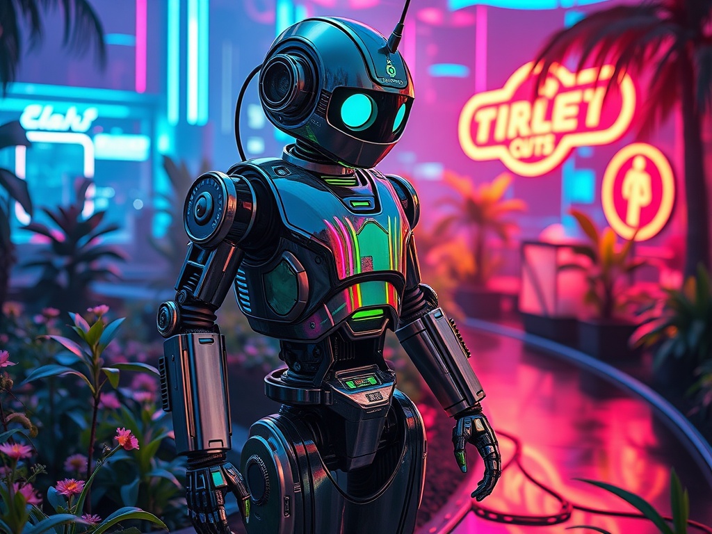 a wandering robot gardener, vaporwave aesthetic, retro futurism, neon reflections, highly detailed