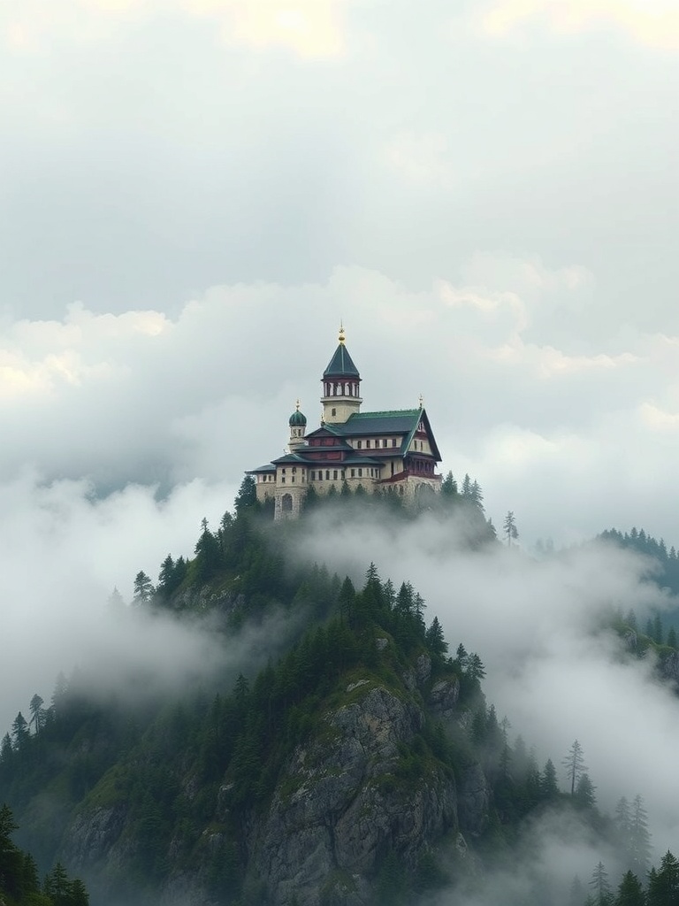 a mountain monastery above the clouds, studio ghibli inspired, hand painted, gentle overcast light,...