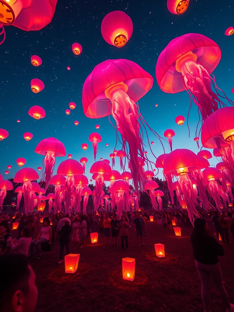 a jellyfish sky lantern festival, vaporwave aesthetic, retro futurism, bioluminescent glow, highly d...