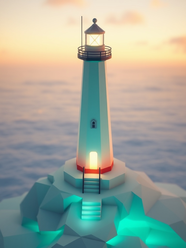 a lone lighthouse keeper, low poly 3d render, pastel palette, bioluminescent glow, highly detailed