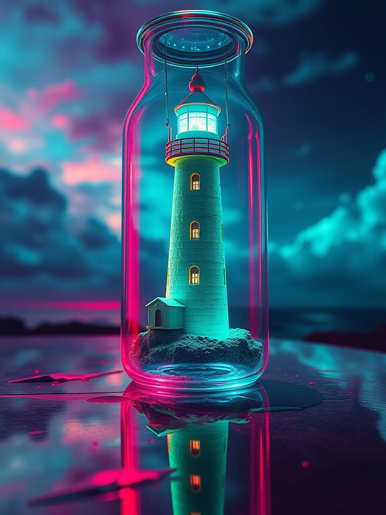 a lighthouse inside a bottle, vaporwave aesthetic, retro futurism, neon reflections, highly detailed