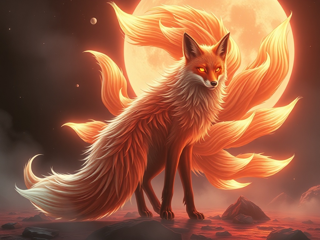 a fox spirit with nine glowing tails, vaporwave aesthetic, retro futurism, dramatic rim lighting, hi...
