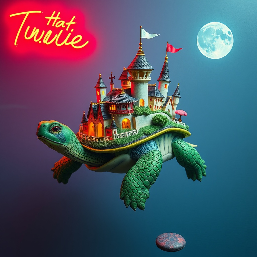 a turtle carrying a miniature kingdom, studio ghibli inspired, hand painted, neon reflections, highl...