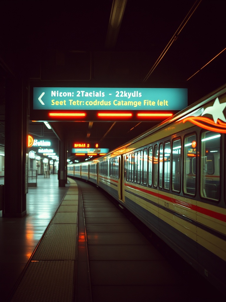 a train station between worlds, cinematic photography, 35mm film grain, neon reflections, highly det...