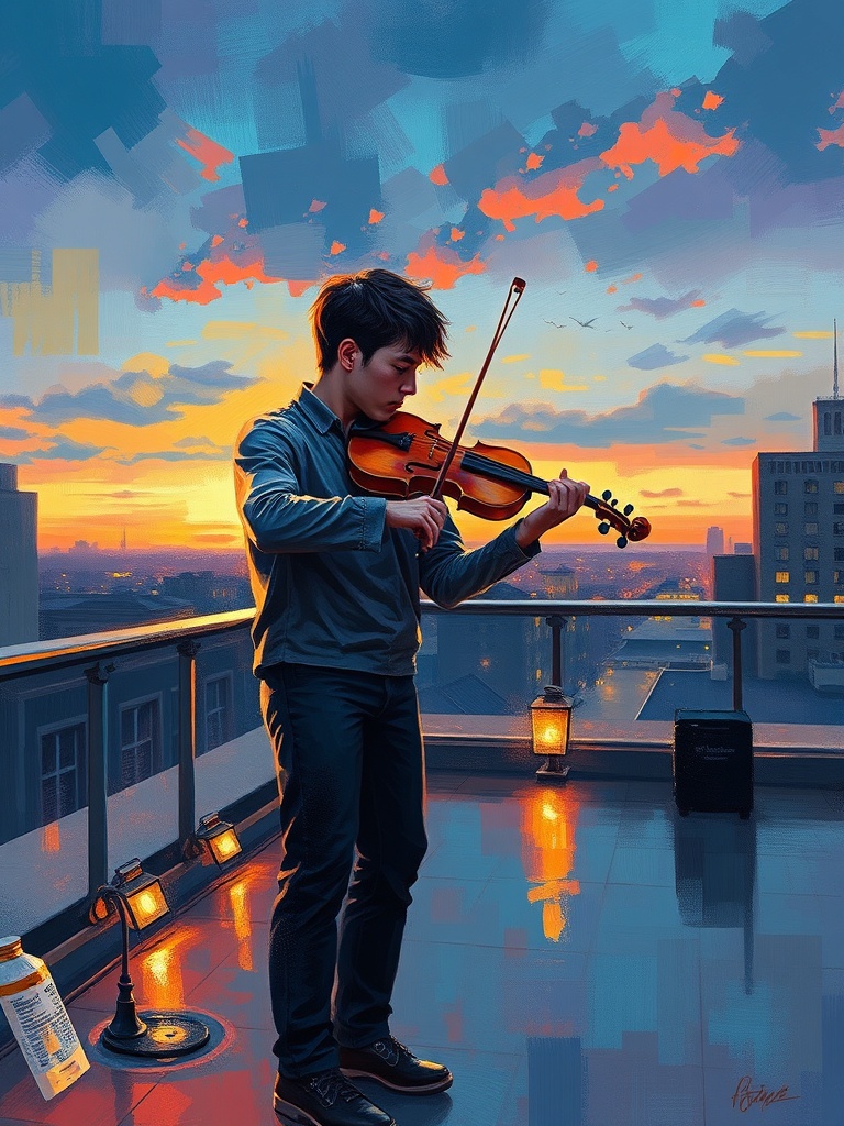 a violinist on a rooftop at dawn, oil painting, impressionist brushwork, neon reflections, highly de...