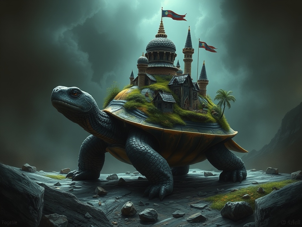 a turtle carrying a miniature kingdom, dark fantasy concept art, detailed, dramatic rim lighting, hi...