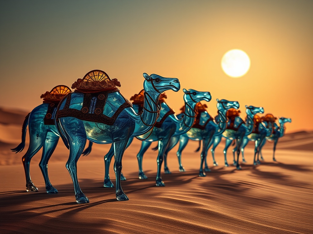 a desert caravan of glass camels, studio ghibli inspired, hand painted, cool moonlight, highly detai...