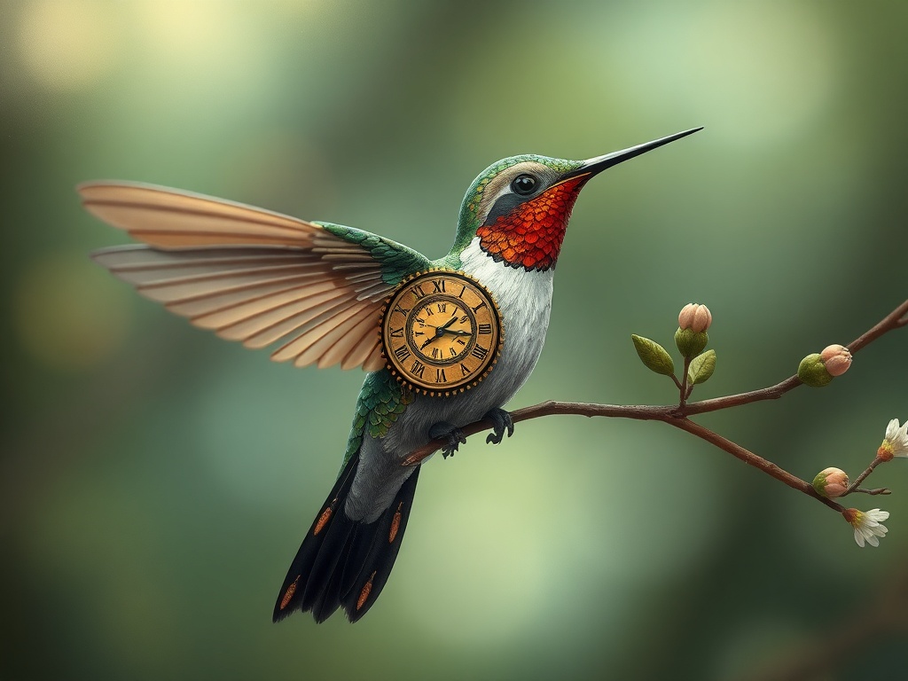 a clockwork hummingbird, studio ghibli inspired, hand painted, gentle overcast light, highly detaile...