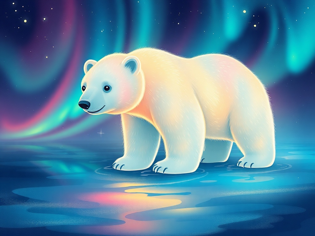 a polar bear made of northern lights, children book illustration, warm and gentle, neon reflections,...
