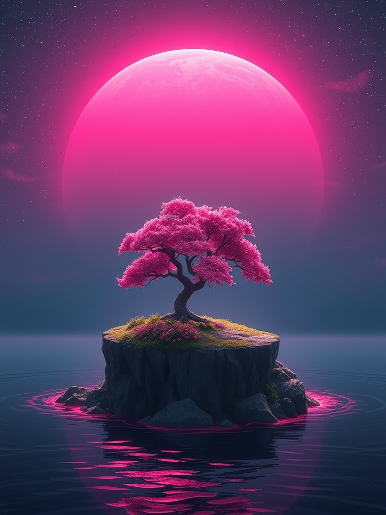 a tiny island with a single cherry tree, vaporwave aesthetic, retro futurism, dramatic rim lighting,...