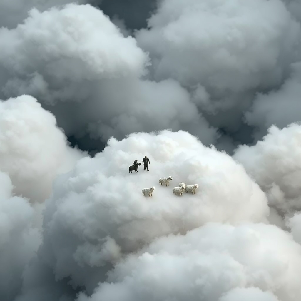a cloud shepherd herding cumulus sheep, isometric diorama, blender render, moody volumetric fog, hig...