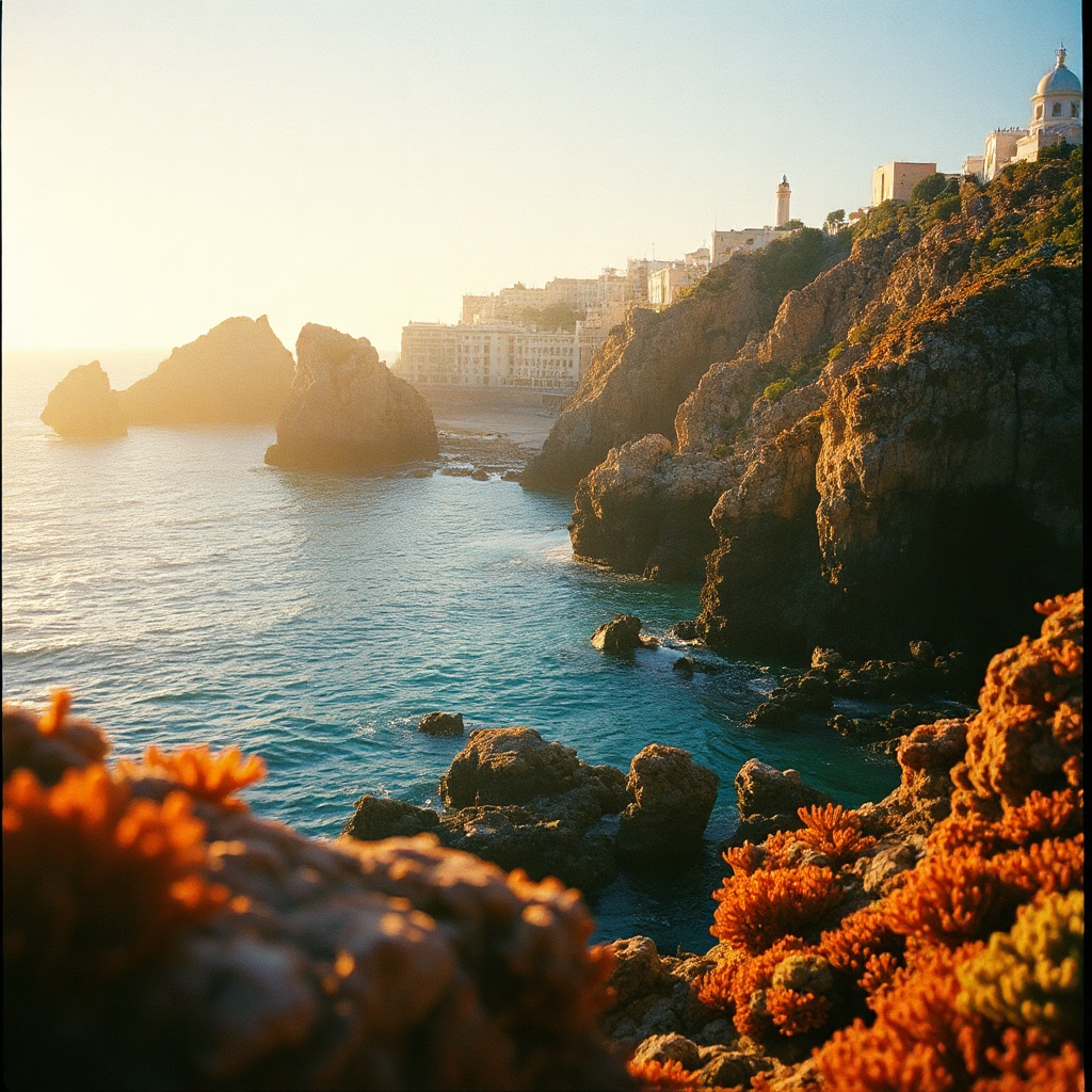 a coral reef city, cinematic photography, 35mm film grain, golden hour light, highly detailed