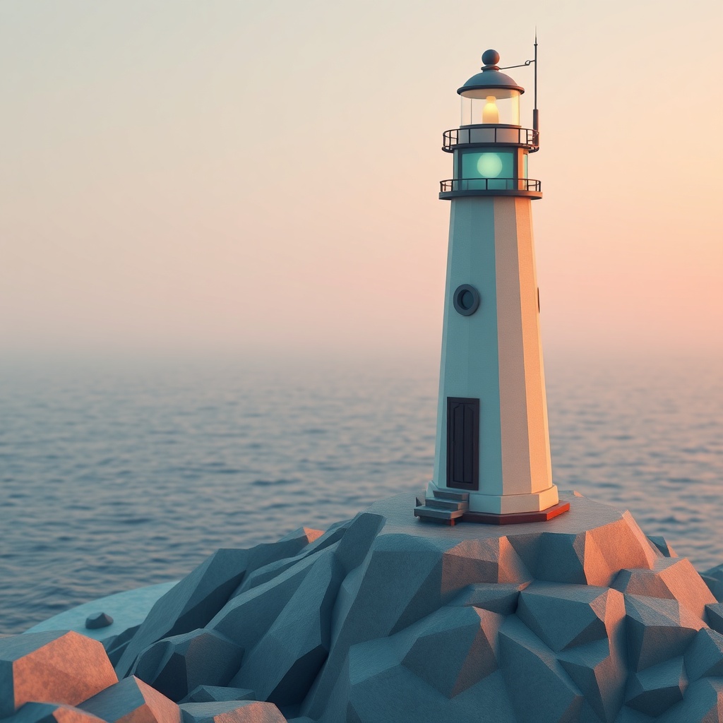 a lone lighthouse keeper, low poly 3d render, pastel palette, dramatic rim lighting, highly detailed