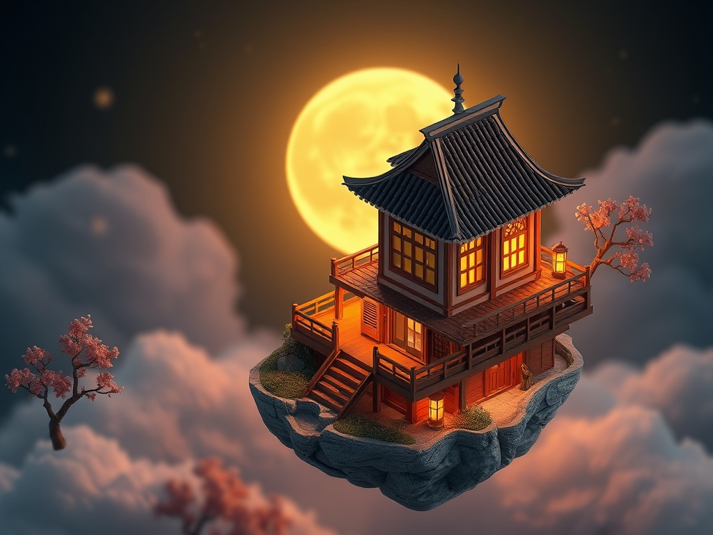 a floating tea house, isometric diorama, blender render, cool moonlight, highly detailed
