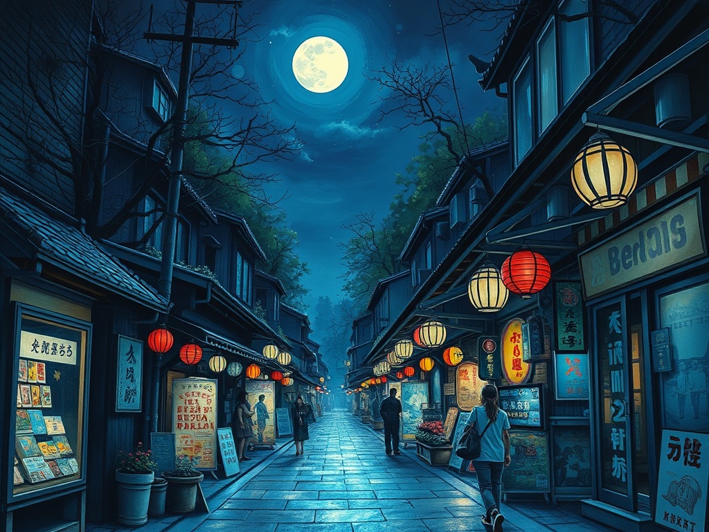 a night market alley, studio ghibli inspired, hand painted, cool moonlight, highly detailed