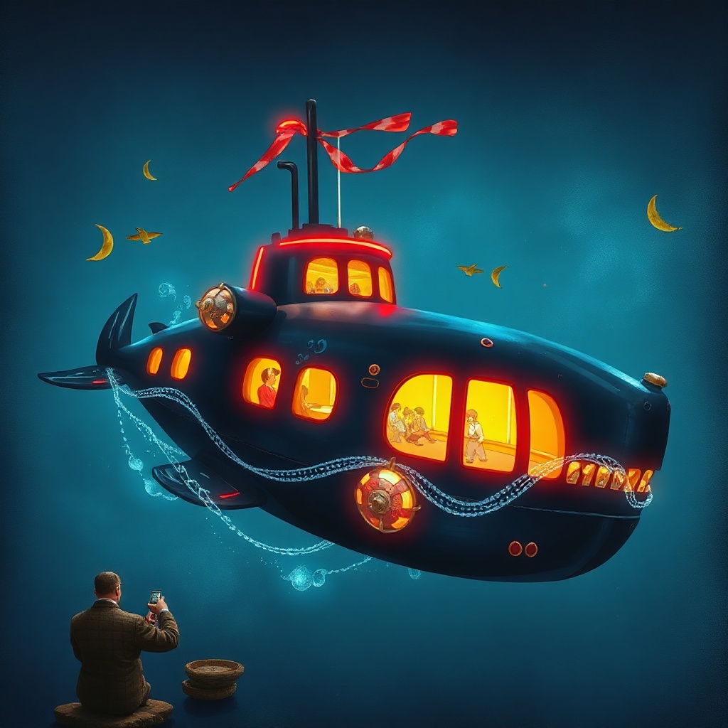 a submarine shaped like a whale, studio ghibli inspired, hand painted, neon reflections, highly deta...