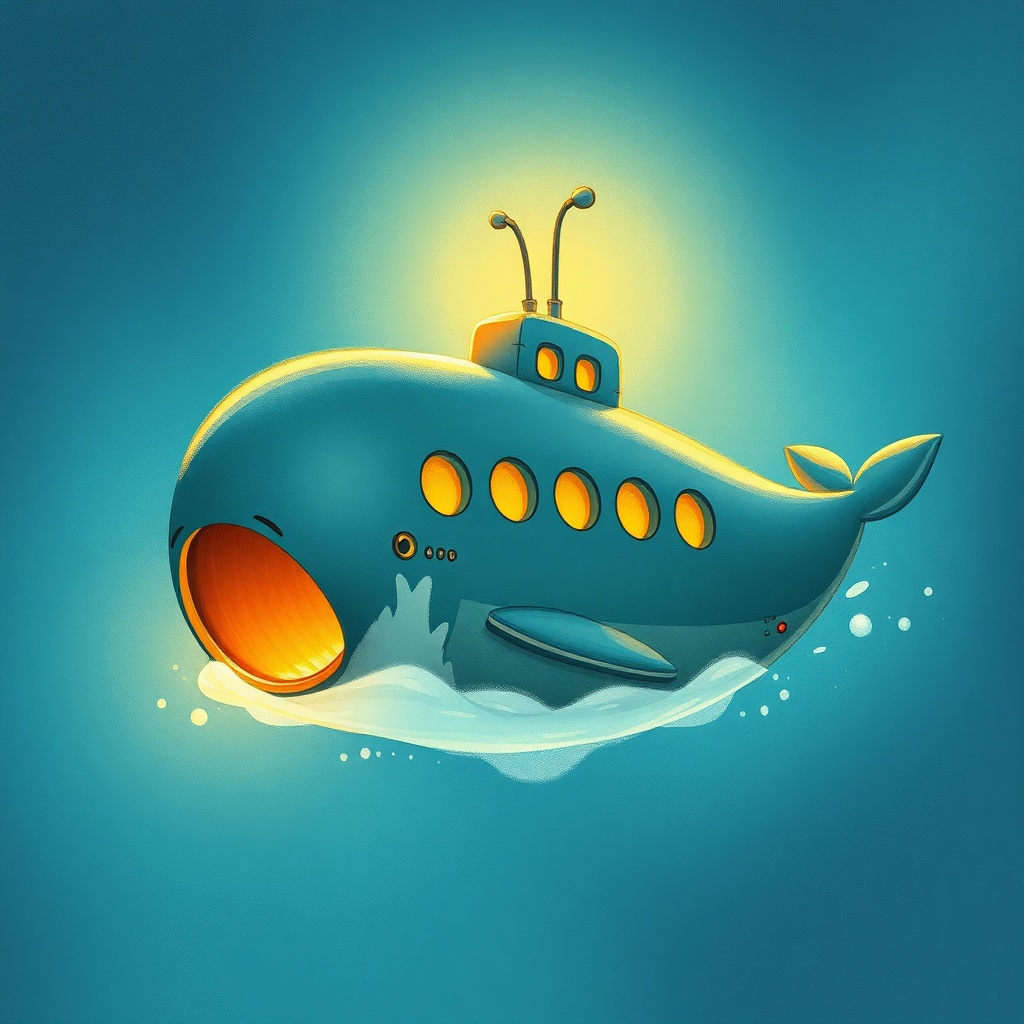 a submarine shaped like a whale, children book illustration, warm and gentle, dramatic rim lighting,...