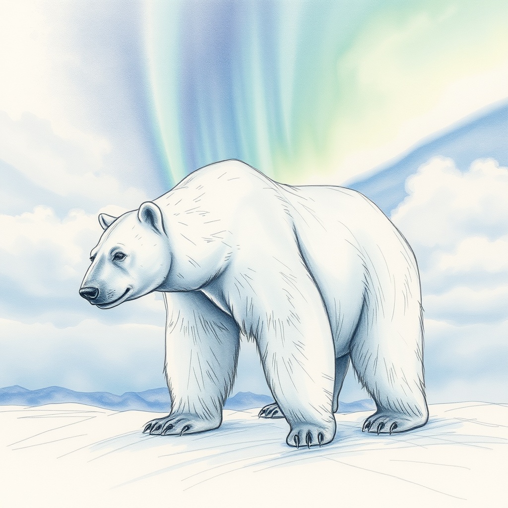 a polar bear made of northern lights, pencil sketch with soft watercolor wash, god rays through clou...
