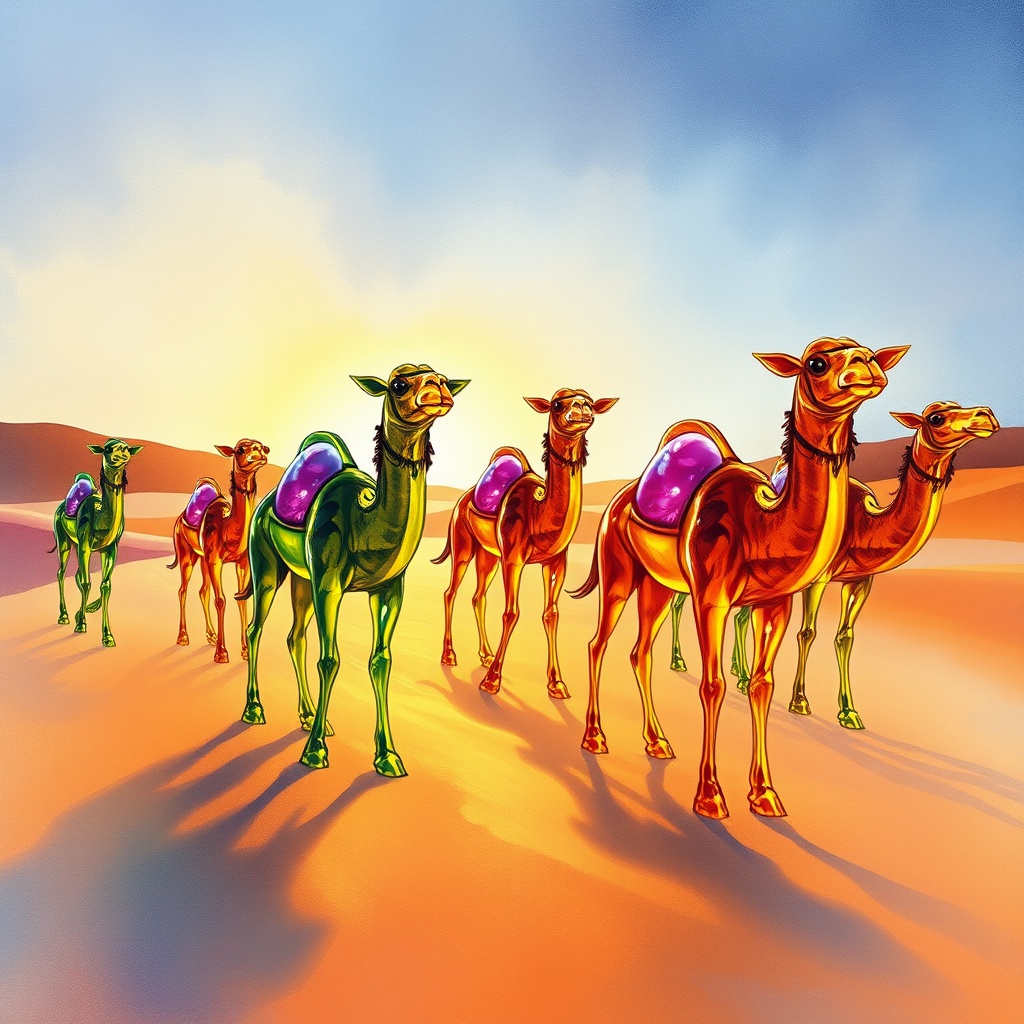 a desert caravan of glass camels, watercolor illustration, soft edges, neon reflections, highly deta...
