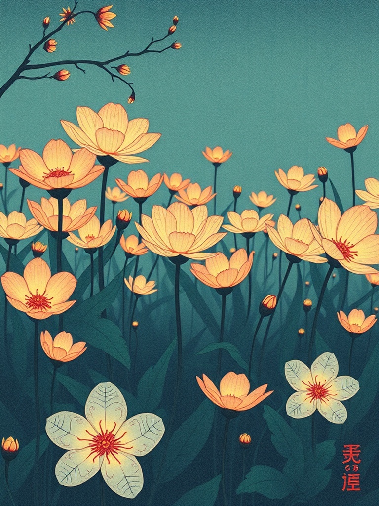 a garden of glowing glass flowers, ukiyo-e woodblock style, flat colors, soft morning mist, highly d...