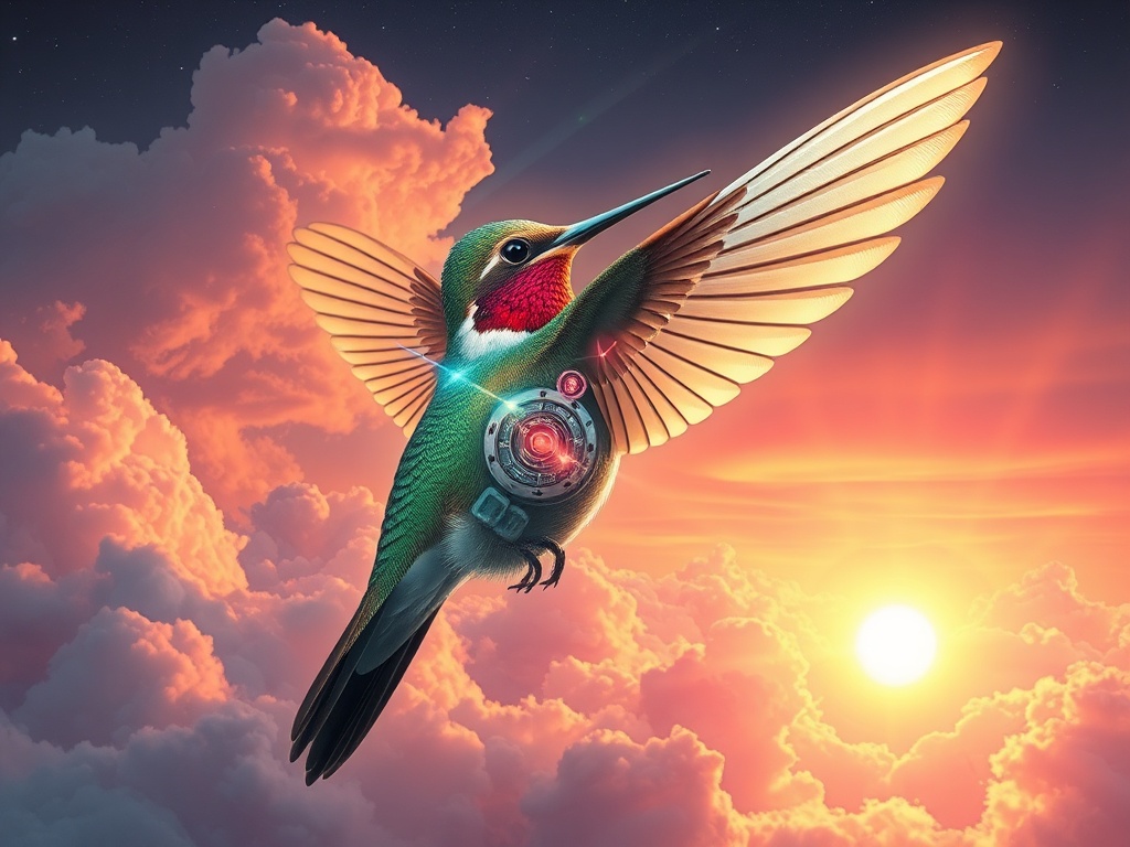 a clockwork hummingbird, vaporwave aesthetic, retro futurism, god rays through clouds, highly detail...