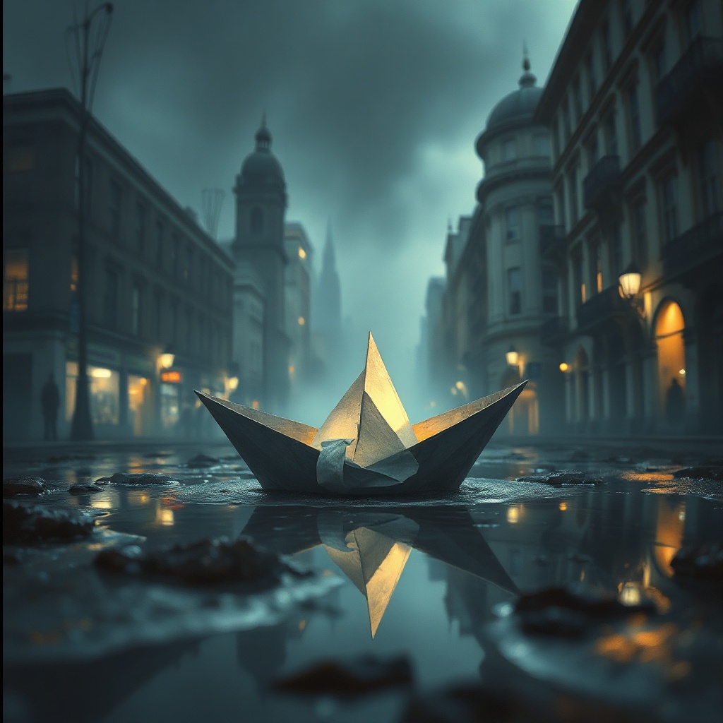 a paper boat sailing through city puddles, dark fantasy concept art, detailed, gentle overcast light...