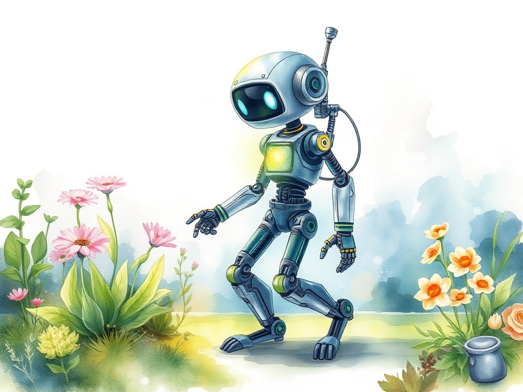 a wandering robot gardener, watercolor illustration, soft edges, bioluminescent glow, highly detaile...