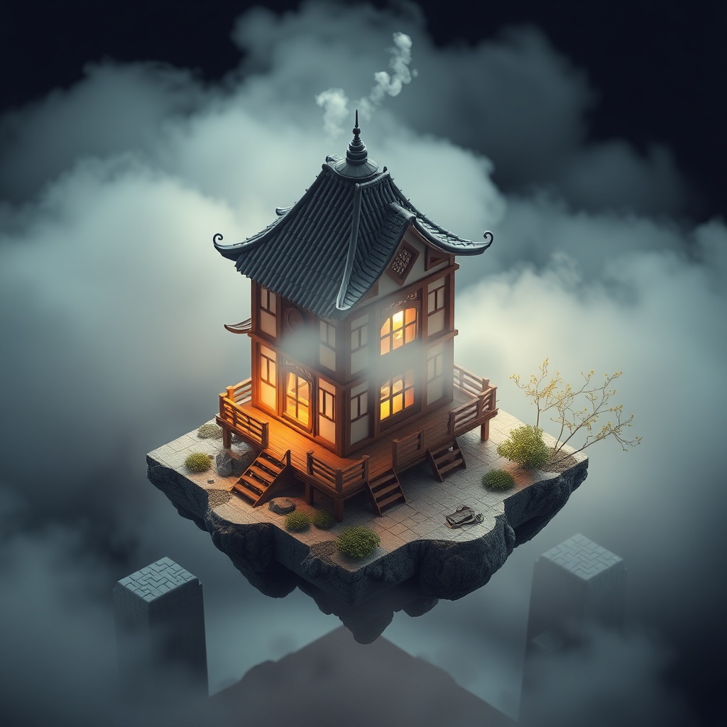 a floating tea house, isometric diorama, blender render, moody volumetric fog, highly detailed