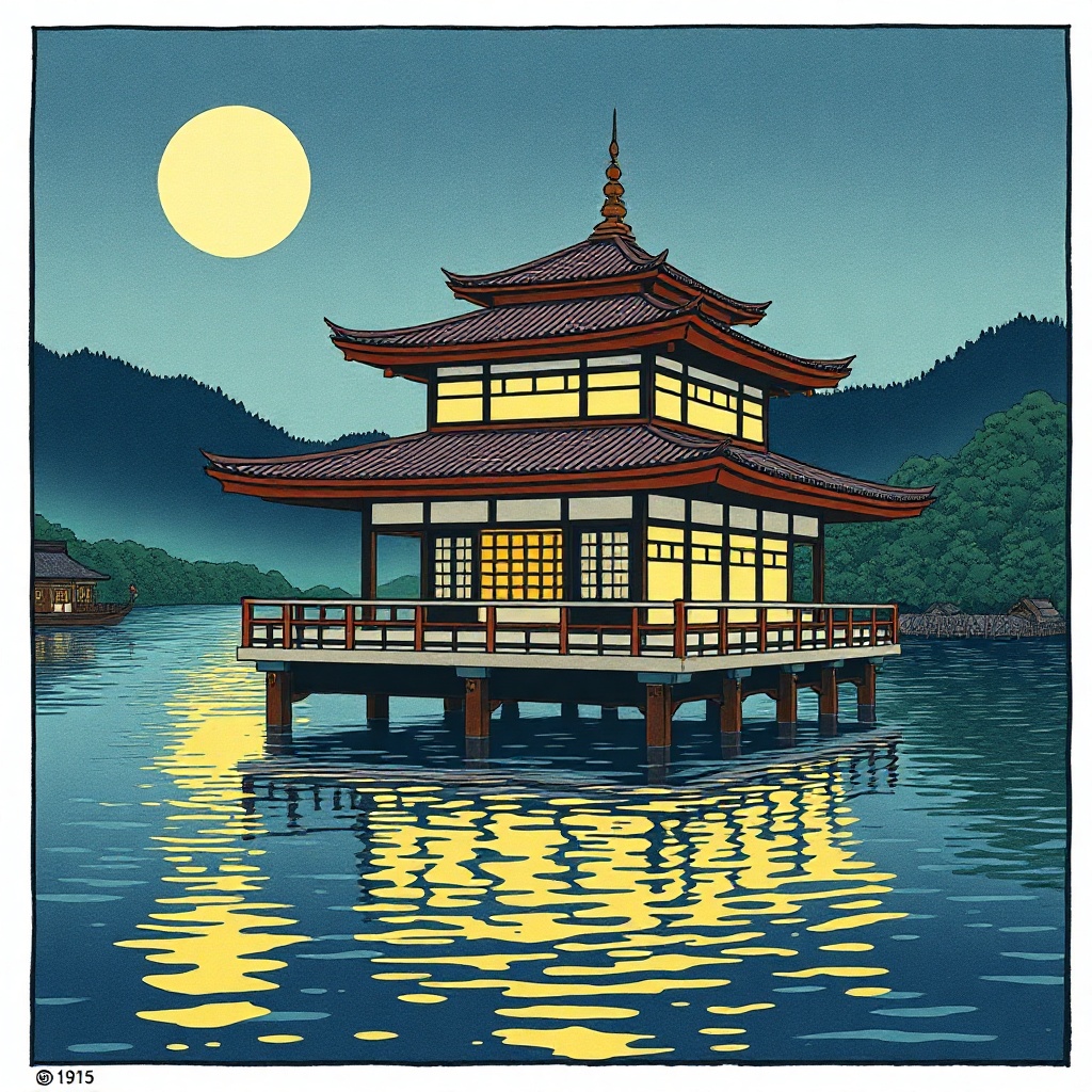 a floating tea house, ukiyo-e woodblock style, flat colors, dramatic rim lighting, highly detailed