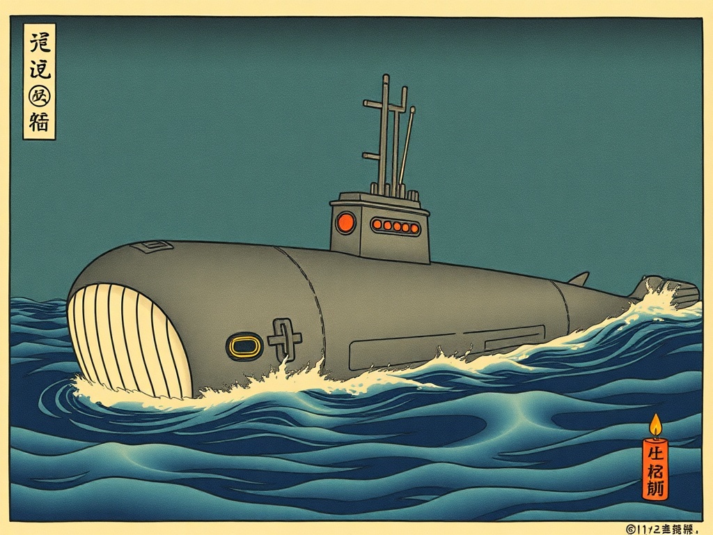 a submarine shaped like a whale, ukiyo-e woodblock style, flat colors, warm candlelight, highly deta...