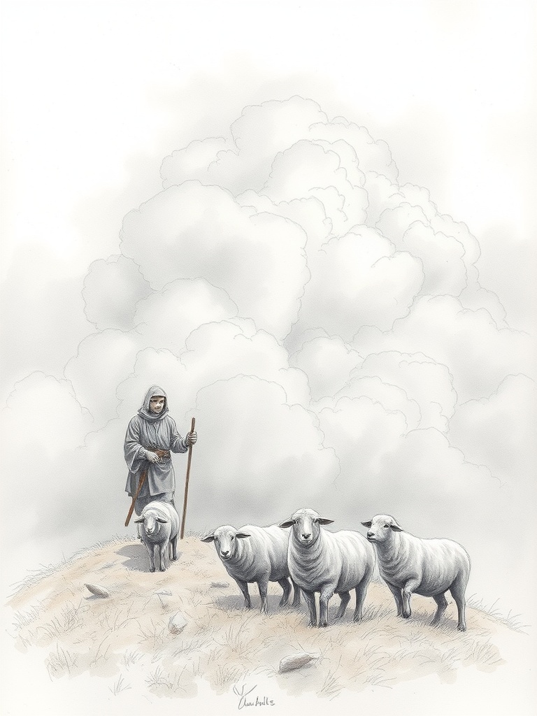 a cloud shepherd herding cumulus sheep, pencil sketch with soft watercolor wash, dramatic rim lighti...