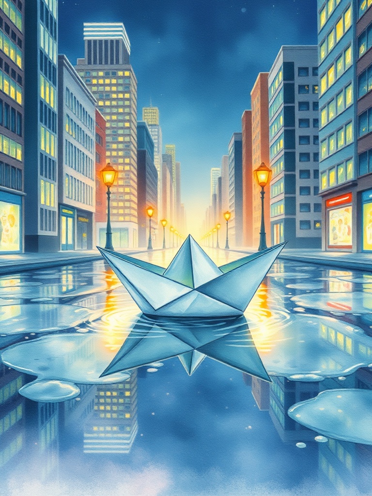 a paper boat sailing through city puddles, watercolor illustration, soft edges, bioluminescent glow,...