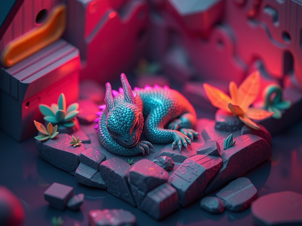 a sleepy dragon hatchling, isometric diorama, blender render, neon reflections,...